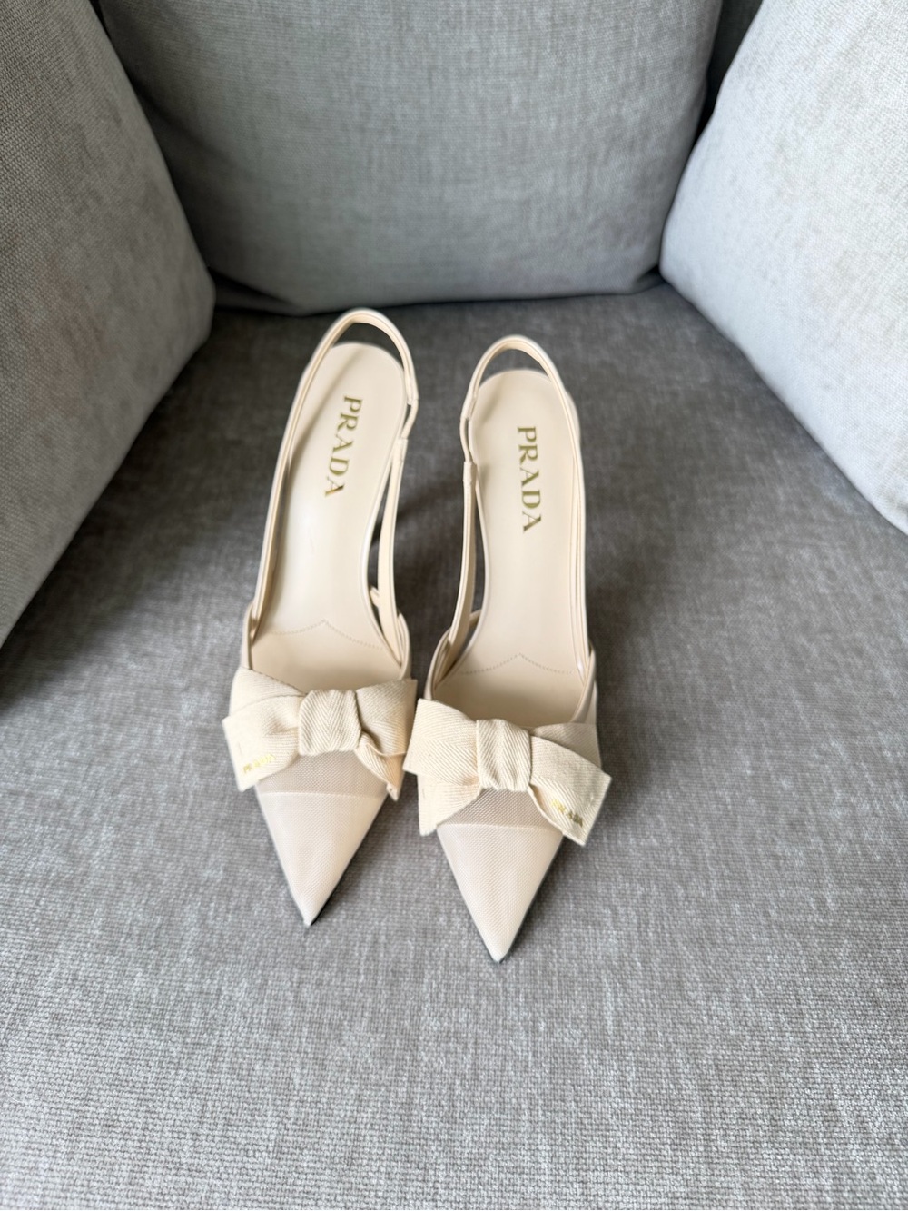 Prada Cream Pointed Bow Slingback Pumps - Picture 3 of 9